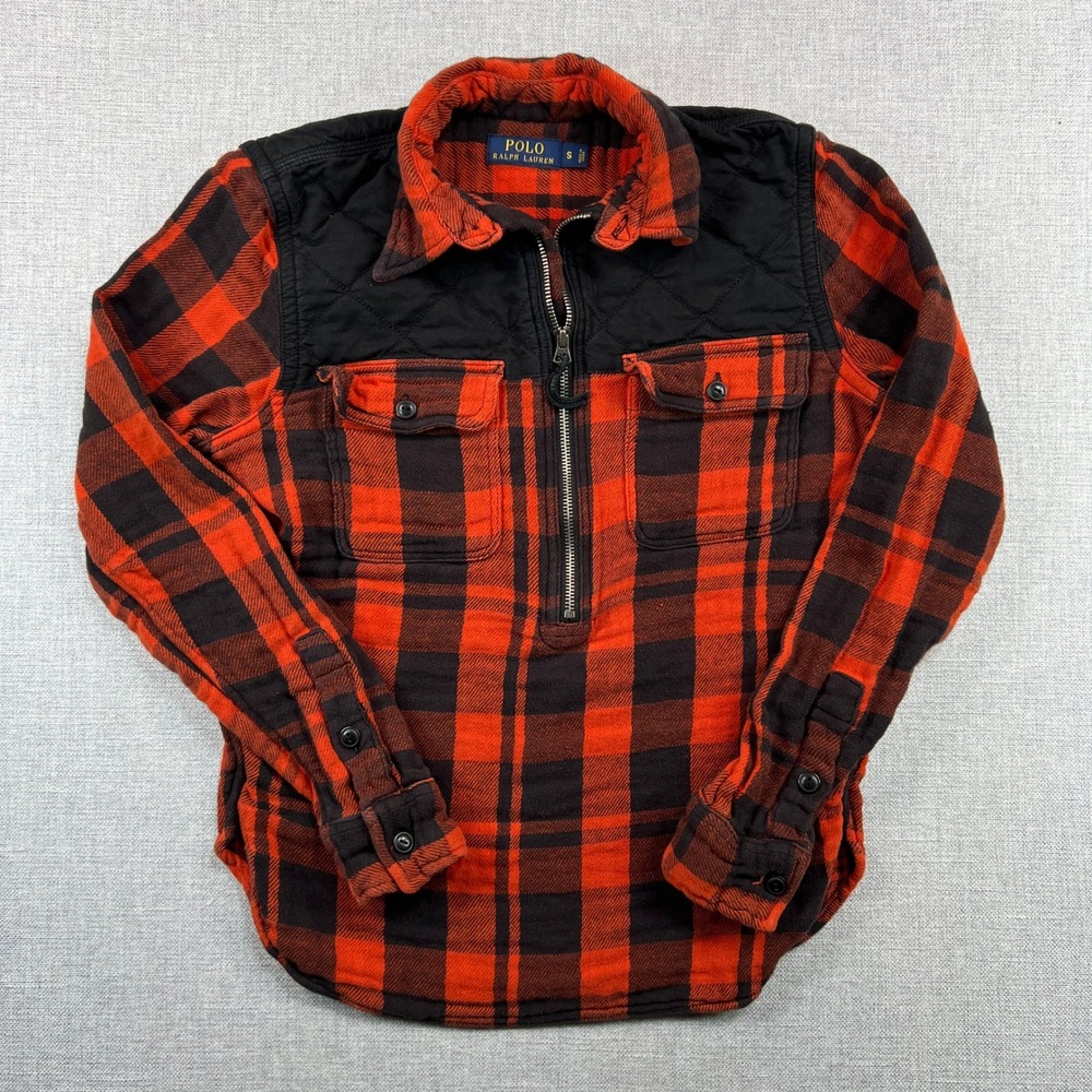 Polo Ralph Lauren Buffalo Plaid Quilted Pullover 1/2 Zip Shirt‎ Men S Rust Black